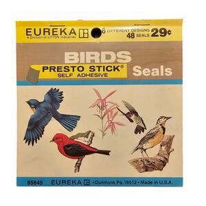 Vintage Eureka Bird Seals Presto Stick Self Adhesive 48 Seals (Gg99)